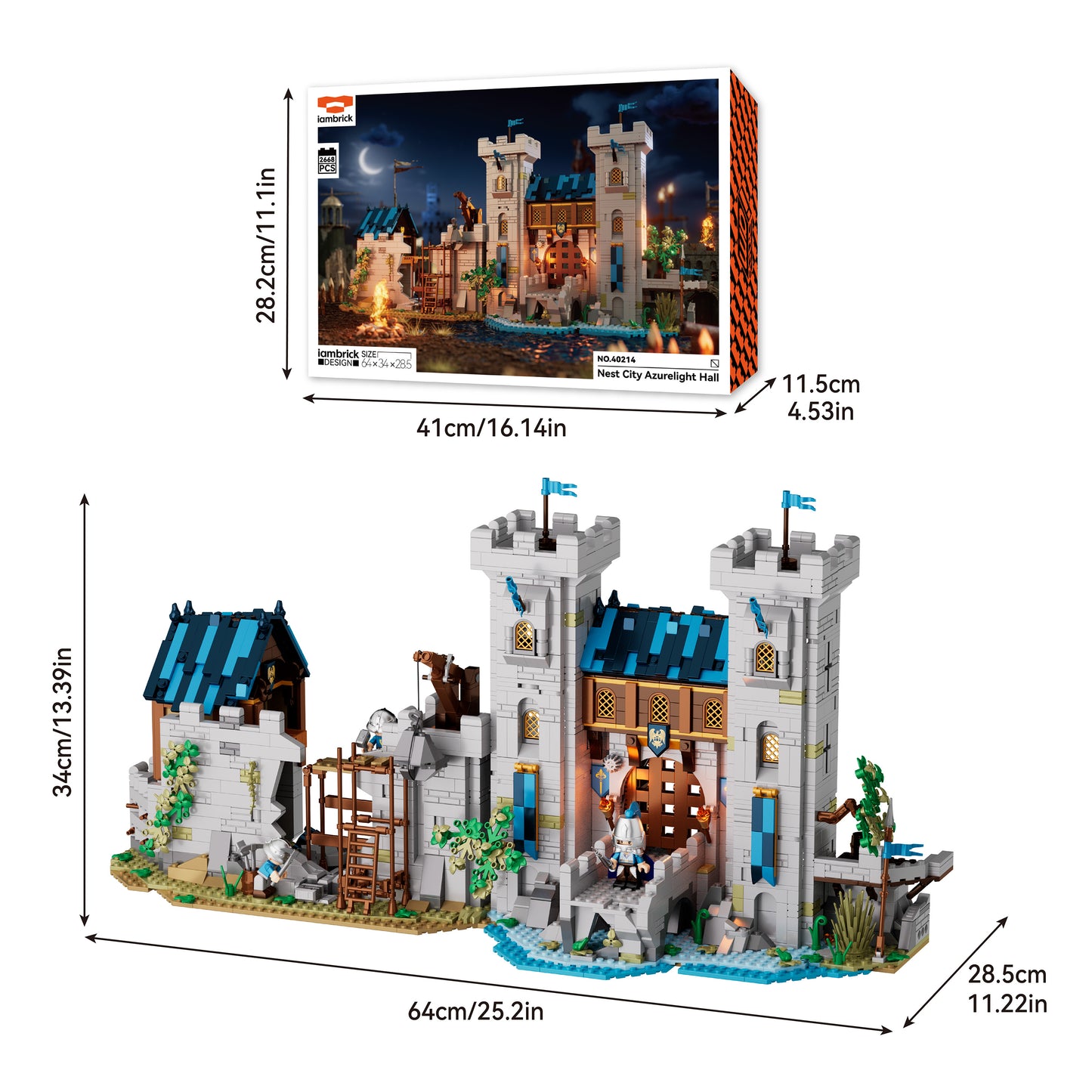 IAMBRICK Nest City Azurelight Hall product box and completed castle building block model