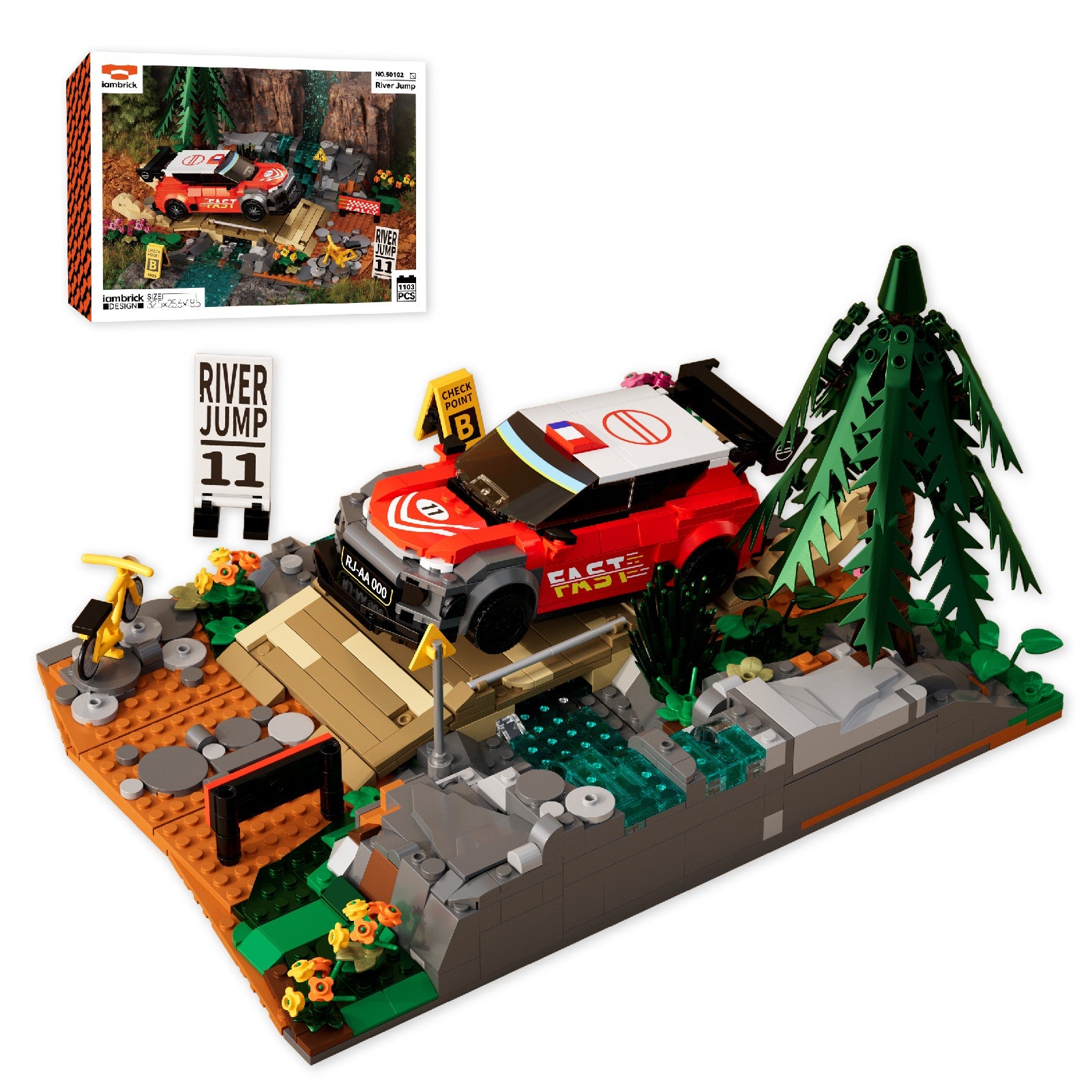 IAMBRICK River Jump 1103-piece rally car building set with creek jump and photographer