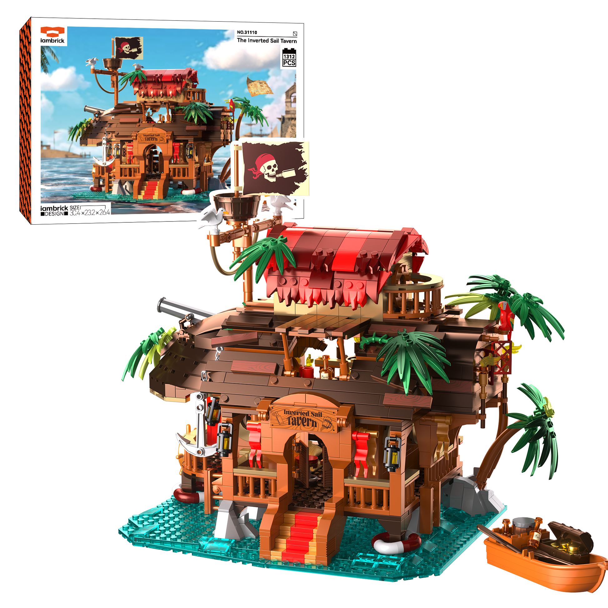 IAMBRICK The Inverted Sail Tavern pirate building set with upside-down ship roof coastal tavern and small boat