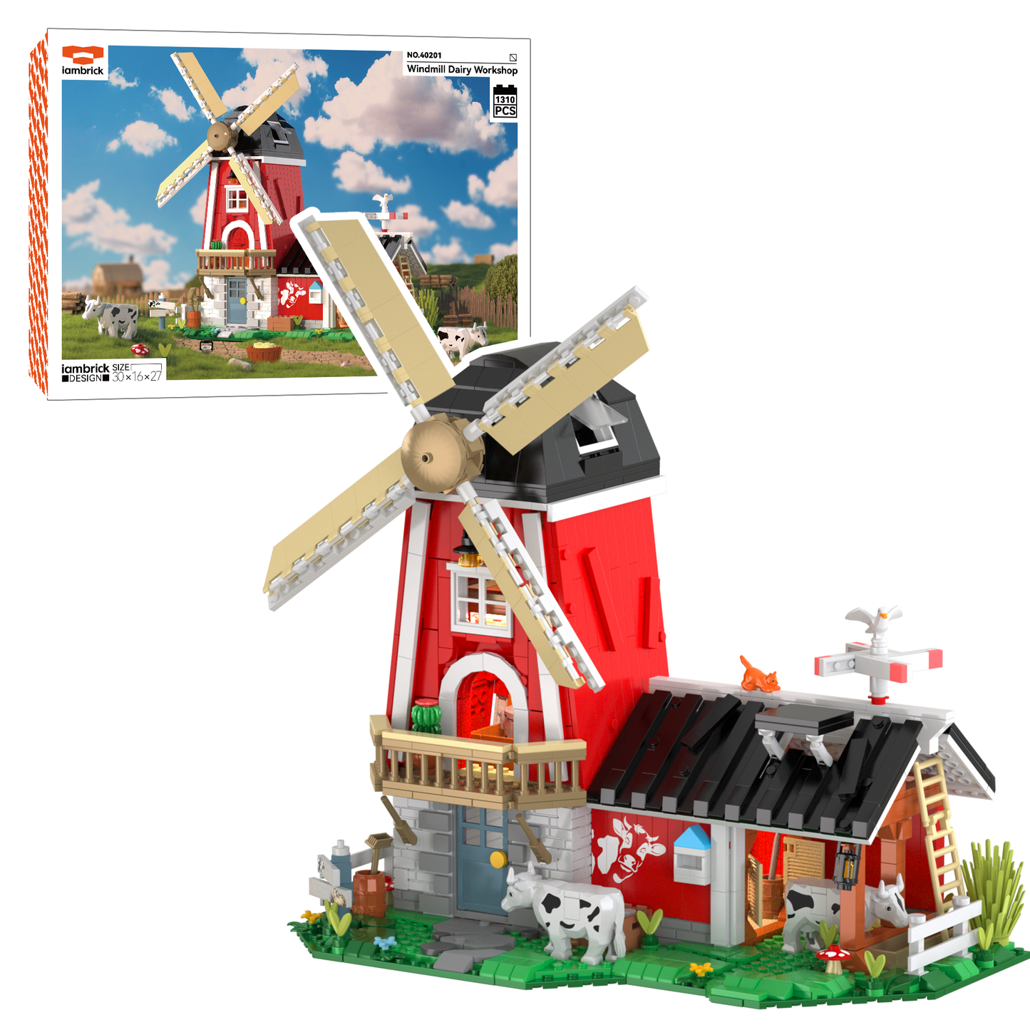 IAMBRICK Windmill Dairy Workshop building set with rotating sails dairy interior farm animals and lights