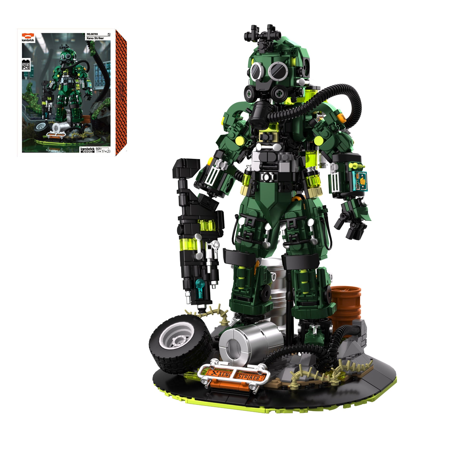 IAMBRICK Xeno Striker post-apocalyptic mechanical warrior building set with biohazard backpack and wasteland base
